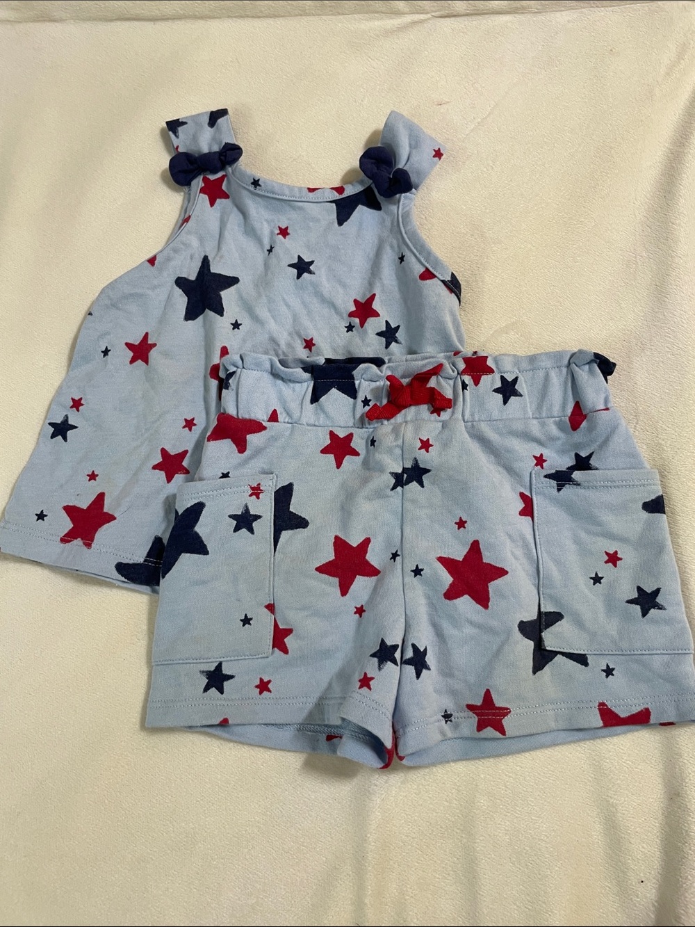 ⭐️Light Blue Star Print Tank & Shorts Set - Red & Navy Stars